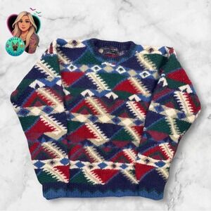 Northern Isles Women's Large Hand Knit Wool Patchwork Crewneck Sweater Stretch